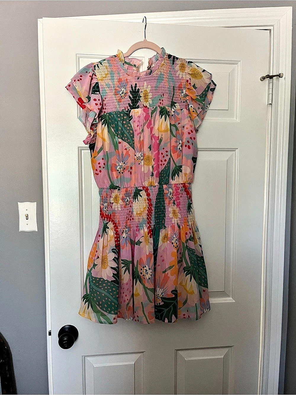 Entro Pink Floral Print Smocked Flutter Dress in Pink & Green